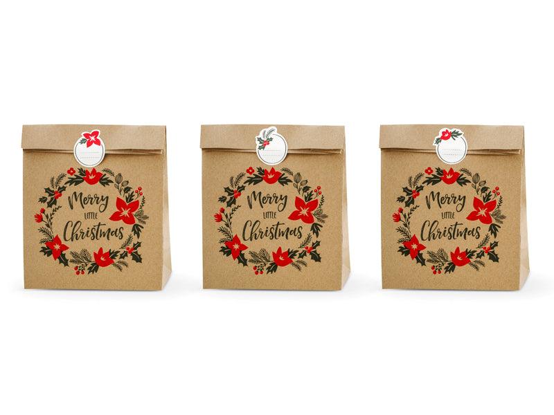 Geschenktüten Merry Little Christmas, Kraft, 25x11x27cm (1 VPE / 3 Stk.) - FeierGlanz